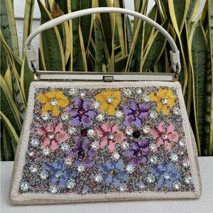 Floral Needlework Embroidery Jeweled Carpet Bag Pink Purple Purse Vintage 60s